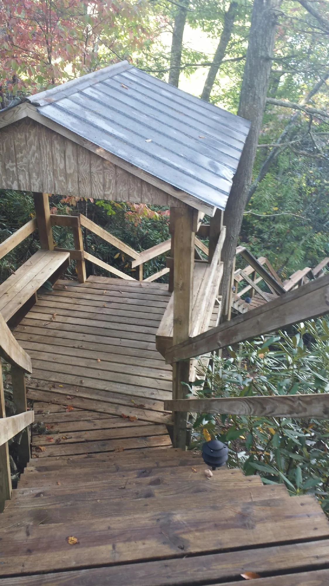 Metal roofed shelter over wooden steps on a wooded walkway — Skylight Repair & Installation work by our crew in Shambaugh